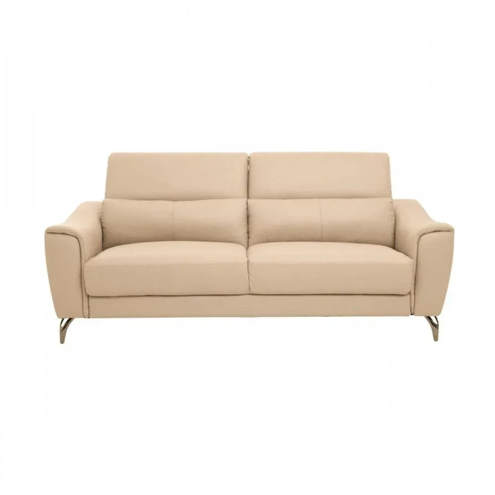 Beige leather sofa with metal legs and high backrest, front view