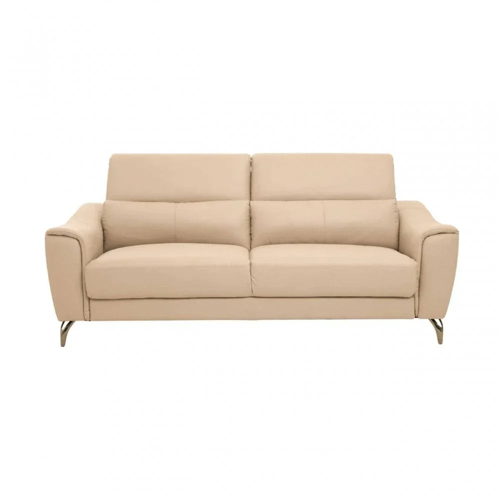 Beige leather sofa with metal legs and padded backrest, front view
