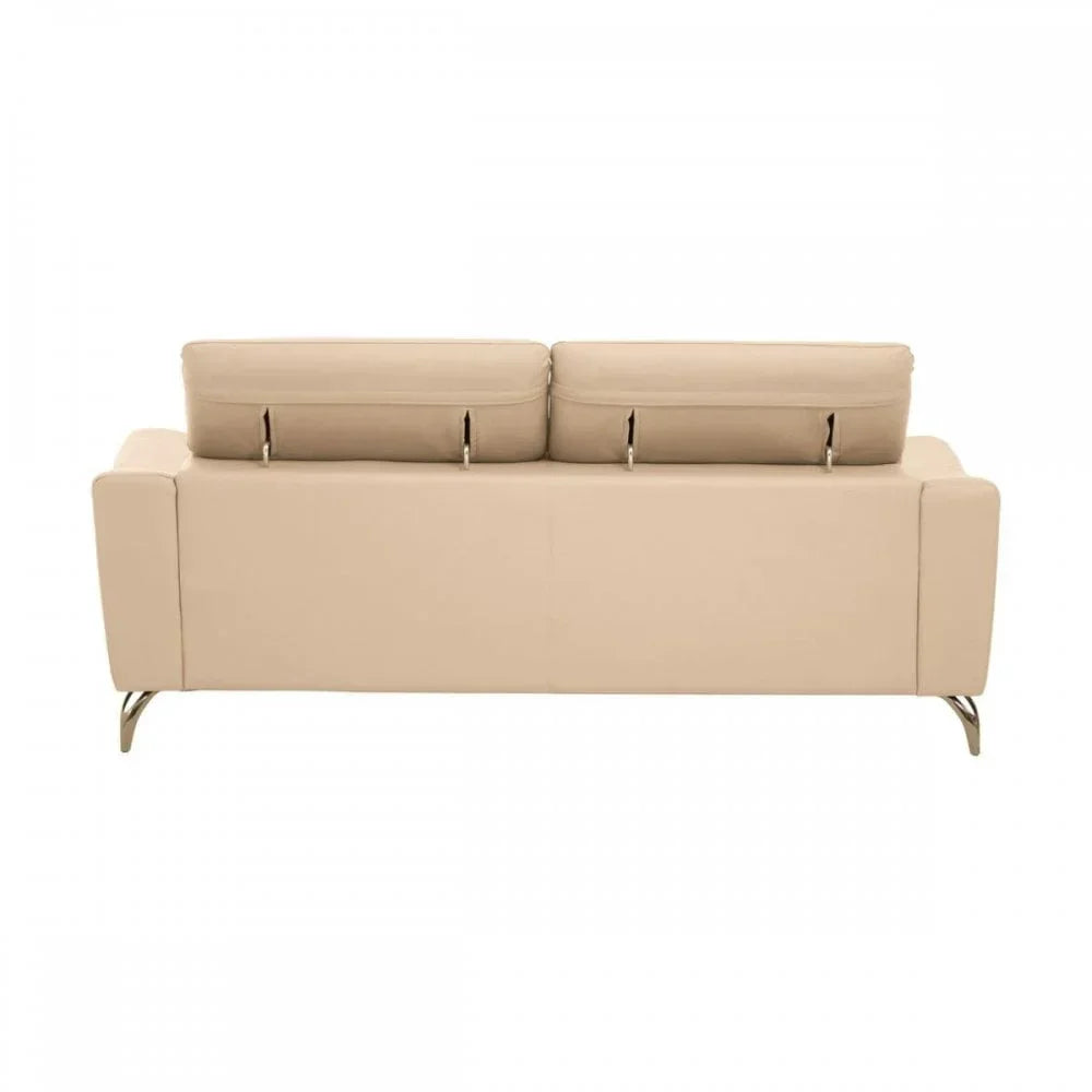 Beige leather sofa with metal legs shown from the back view