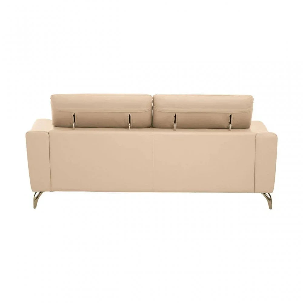 Beige leather sofa with metal legs shown from the back