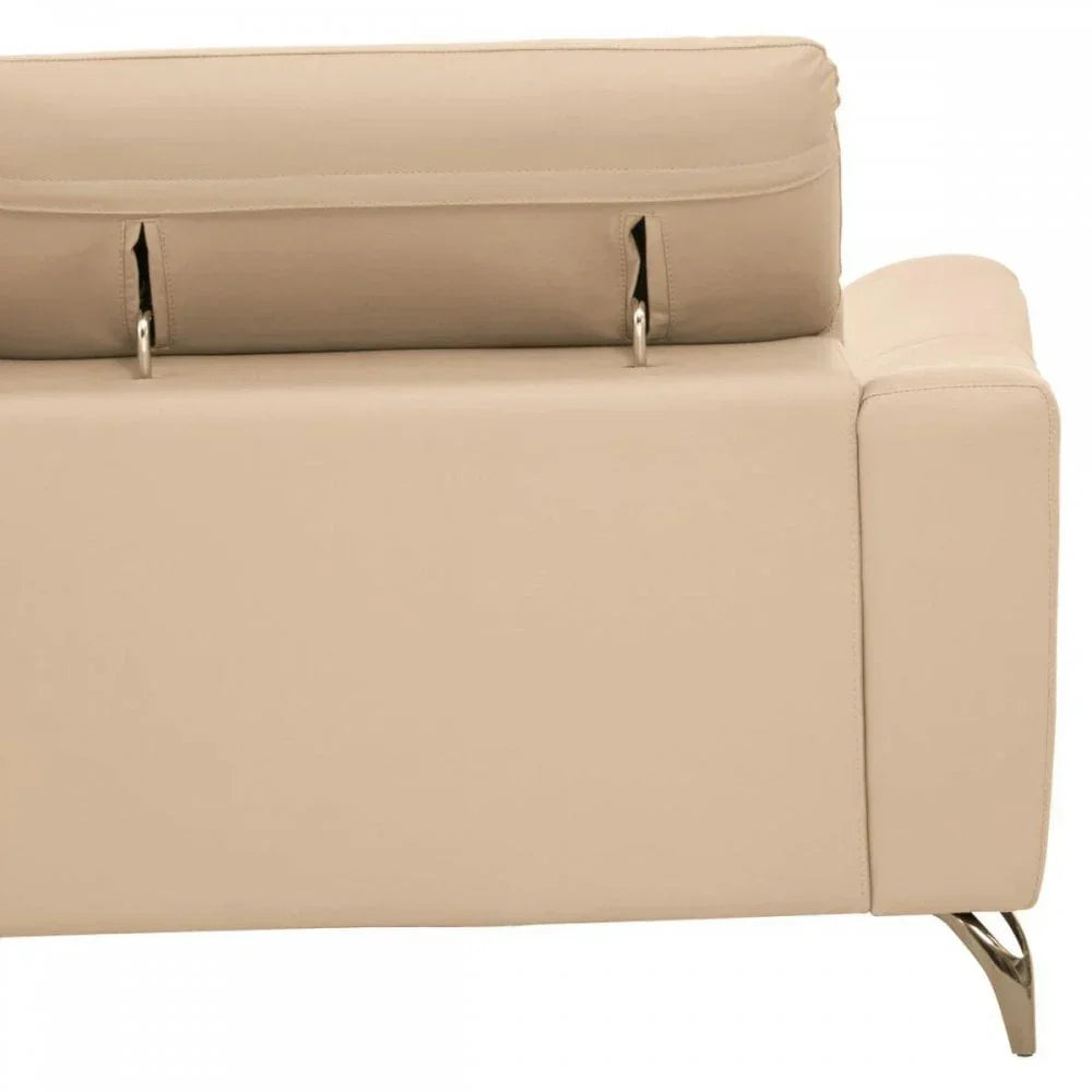 Beige leather sofa backrest with adjustable headrest and metal legs