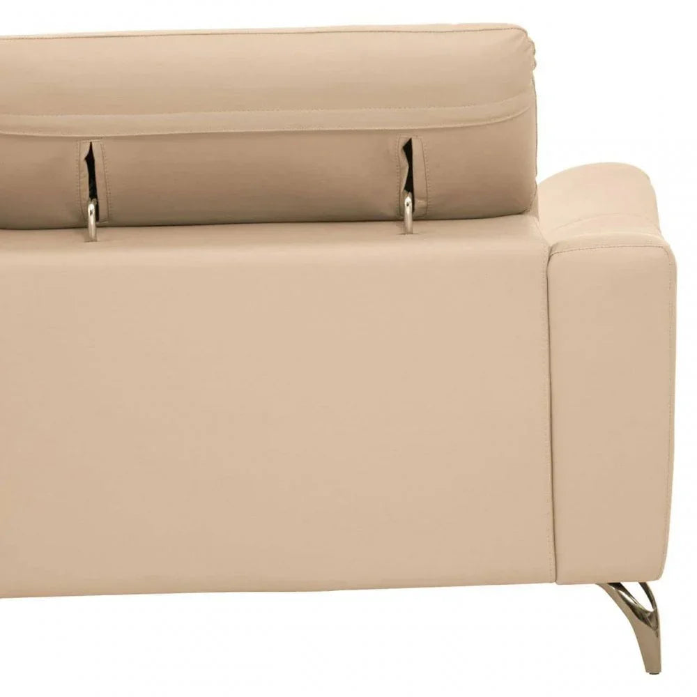 Beige leather sofa backrest with adjustable headrest and metal legs, rear view