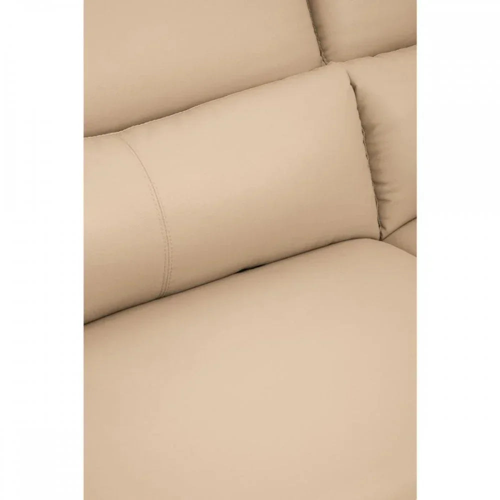 Close-up of beige leather sofa cushions with visible stitching