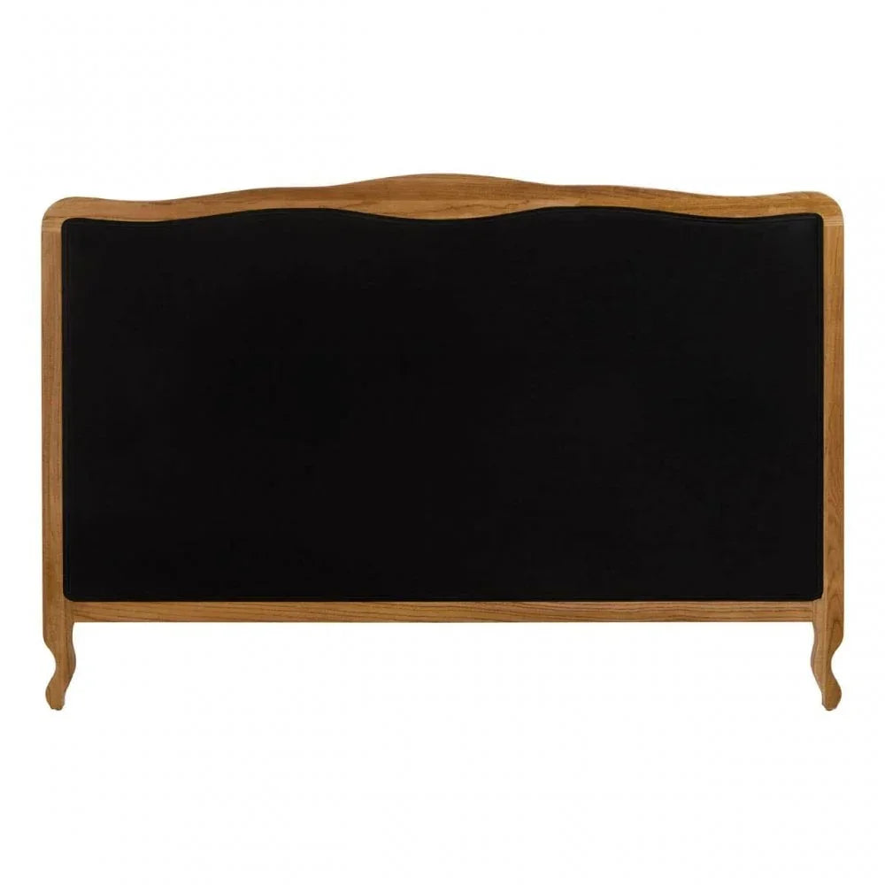 Black velvet upholstered headboard with curved oak wood frame, front view