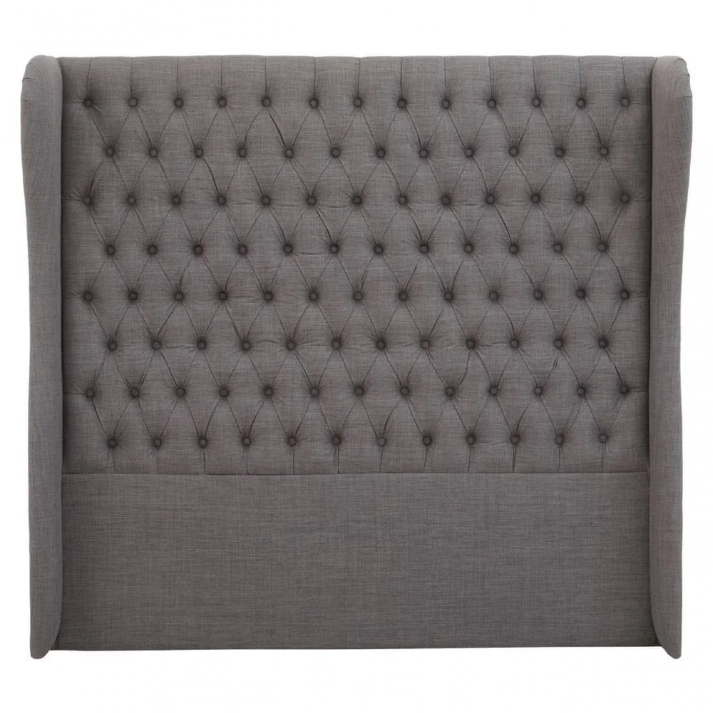 Grey fabric tufted headboard with button detail and winged sides, front view