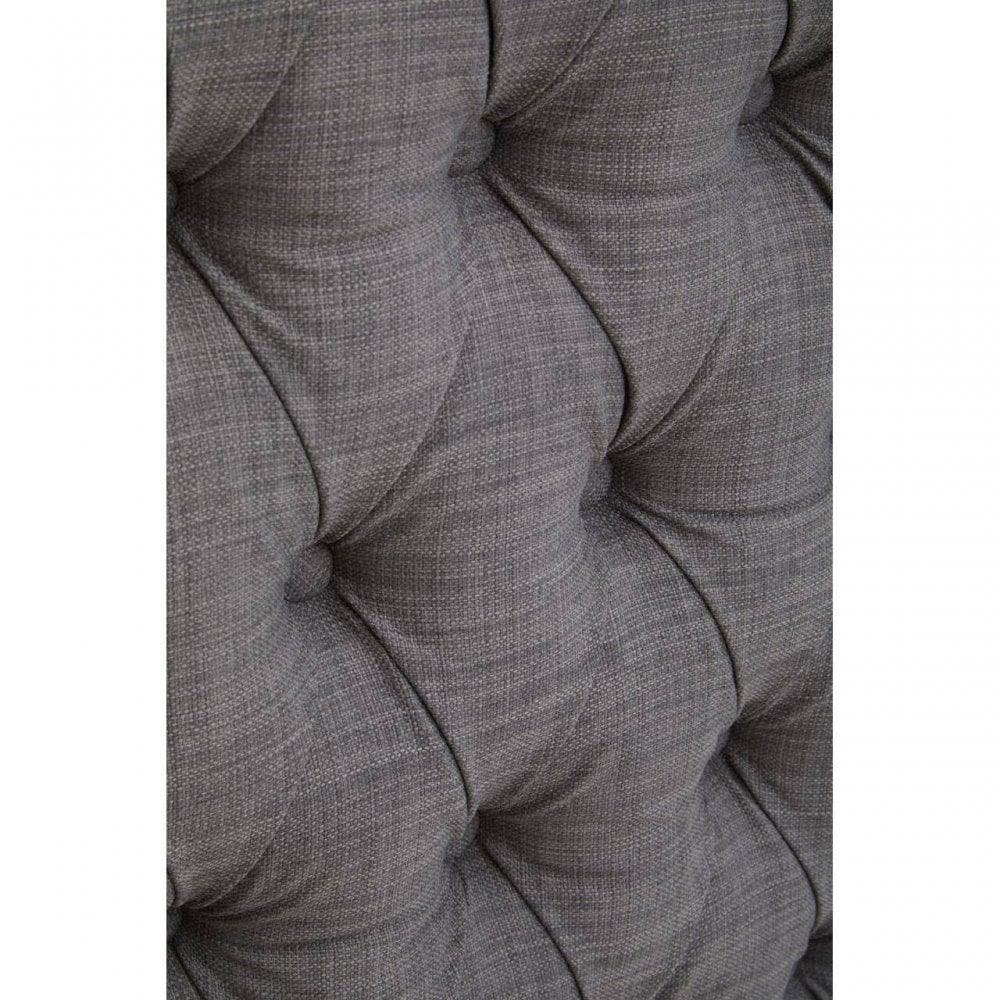 Close-up of grey fabric sofa upholstery with button-tufted detailing