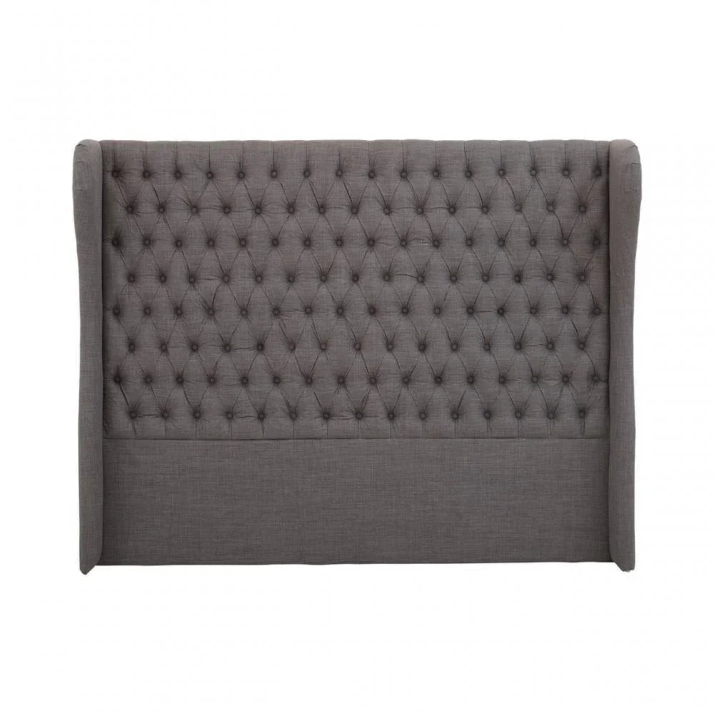 Grey upholstered headboard with button tufting and winged sides, front view