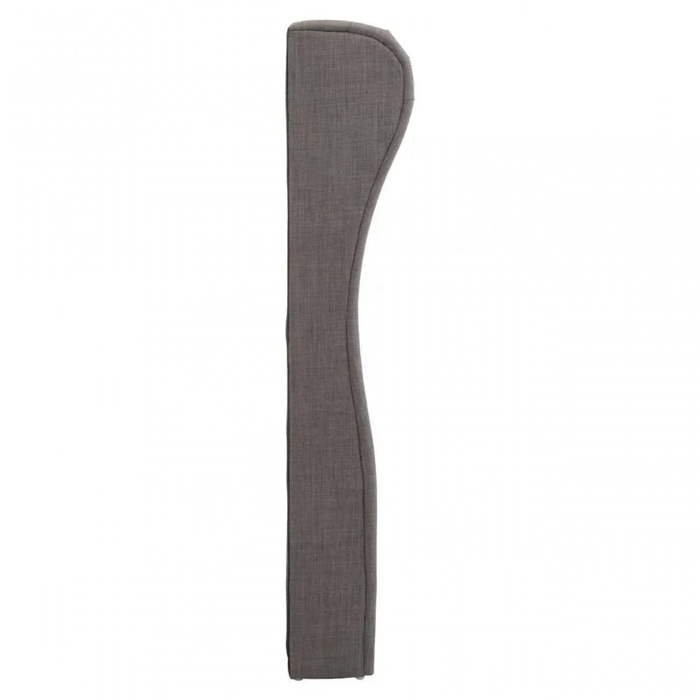 Grey upholstered bed headboard panel in profile view