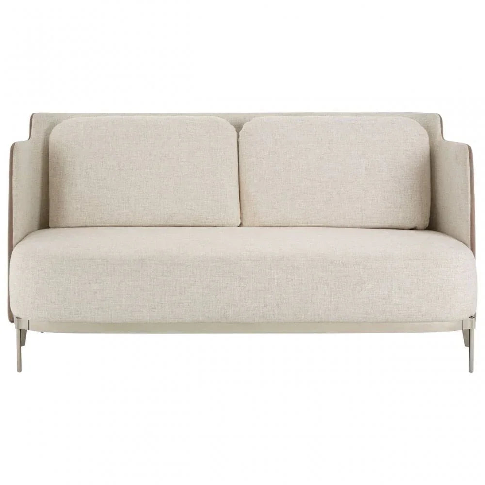Beige fabric sofa with metal legs and two back cushions, front view