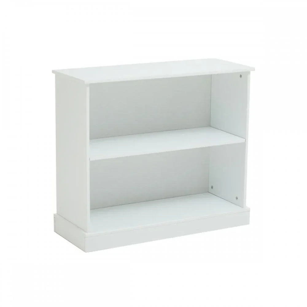 White wooden bookcase with two open shelves, angled front view