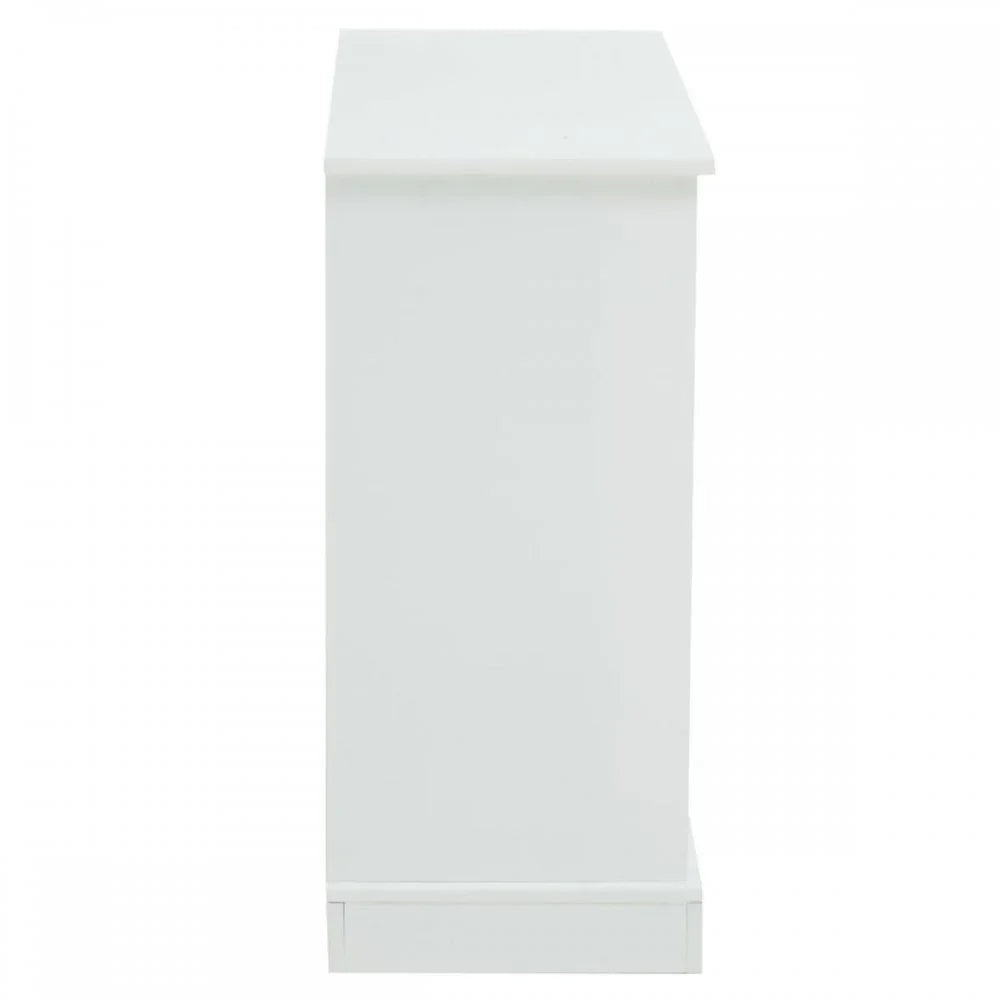 White bedside cabinet side view with smooth finish and simple base detail