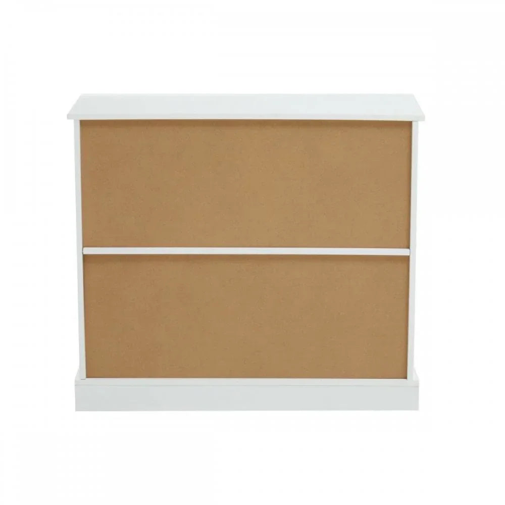 White and wood finish shoe cabinet with two drop-down drawers, front view