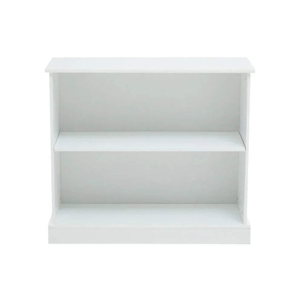 White wooden bookcase with two open shelves, straight front view