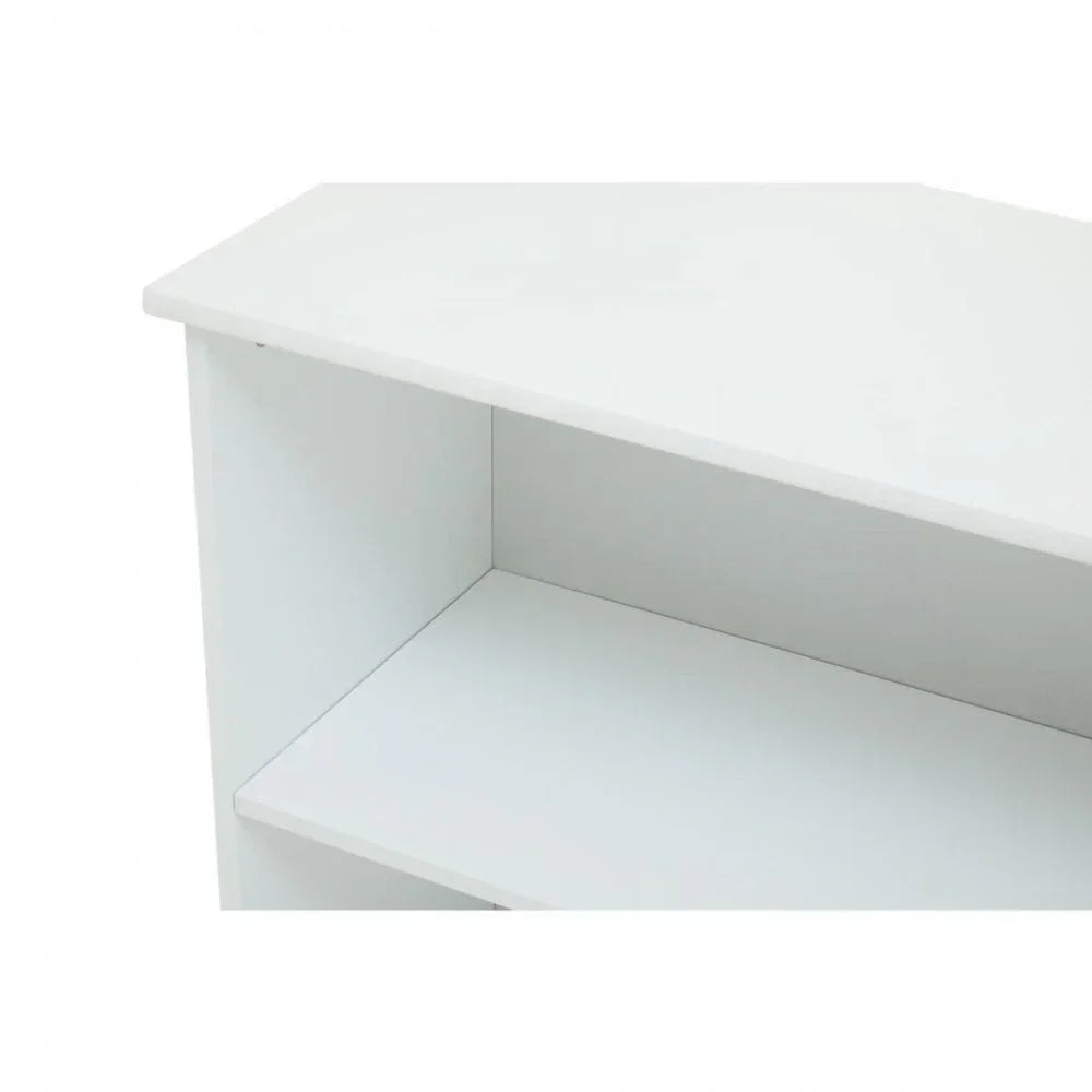 White wooden shelf unit close-up showing internal shelving and smooth finish