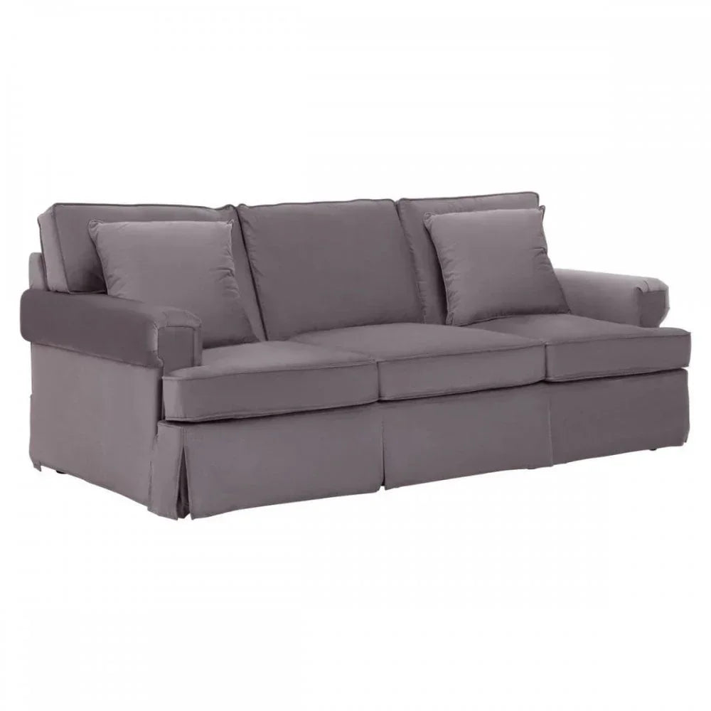 Grey fabric three seater sofa with loose cushions and straight armrests, front view