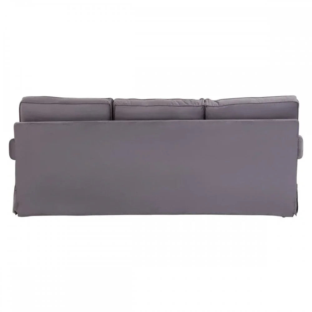 Rear view of modern grey fabric sofa with three back cushions