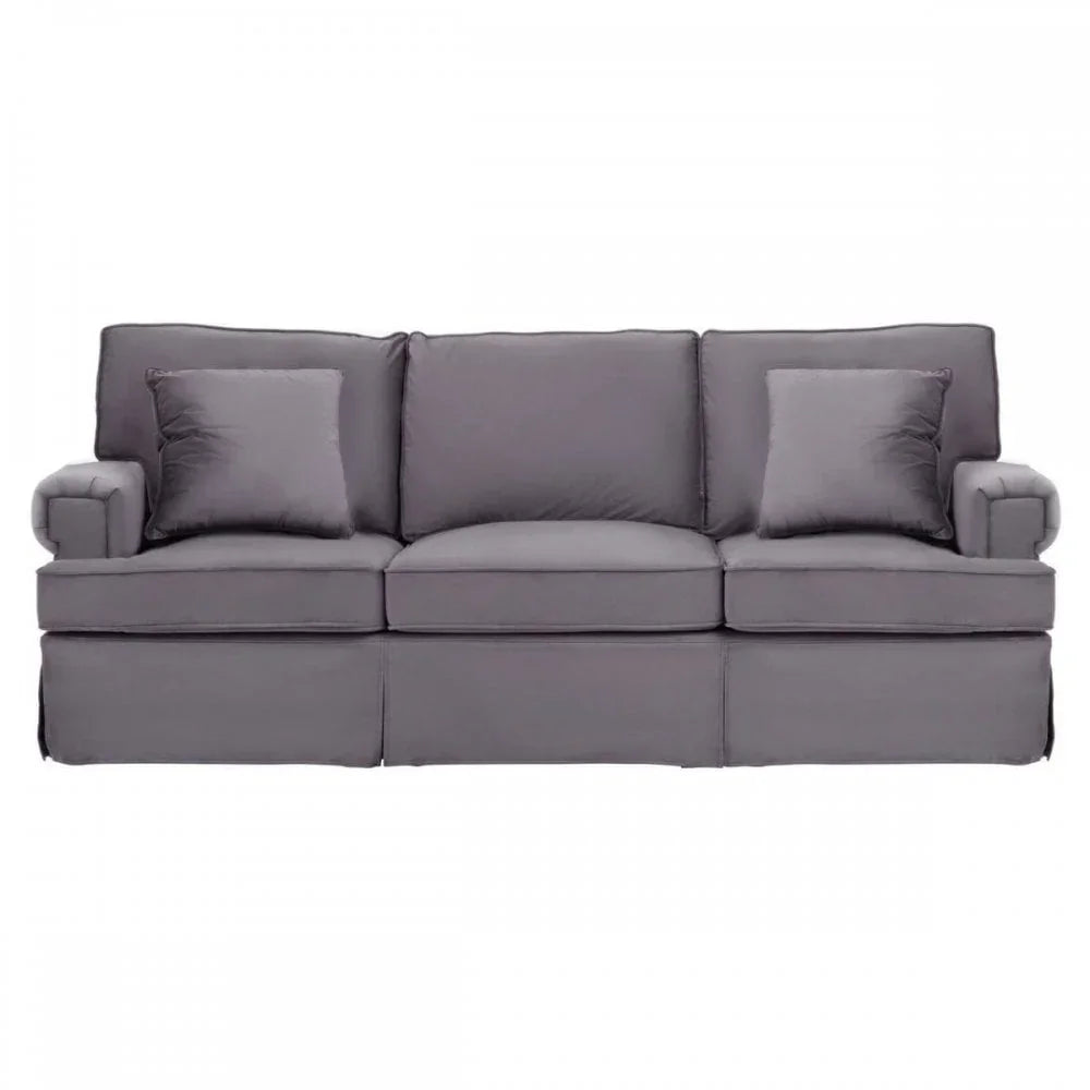 Grey fabric three seater sofa with two matching cushions, front view