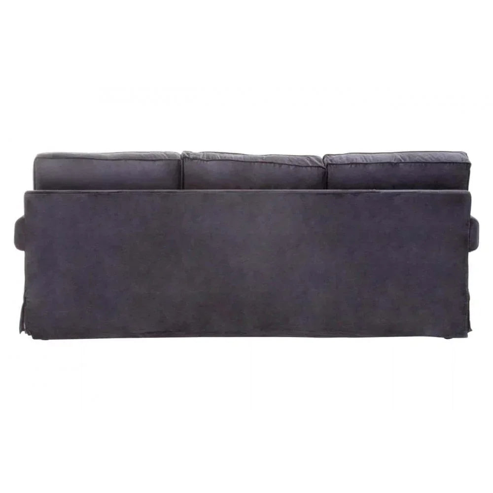 Back view of dark fabric sofa with three large back cushions