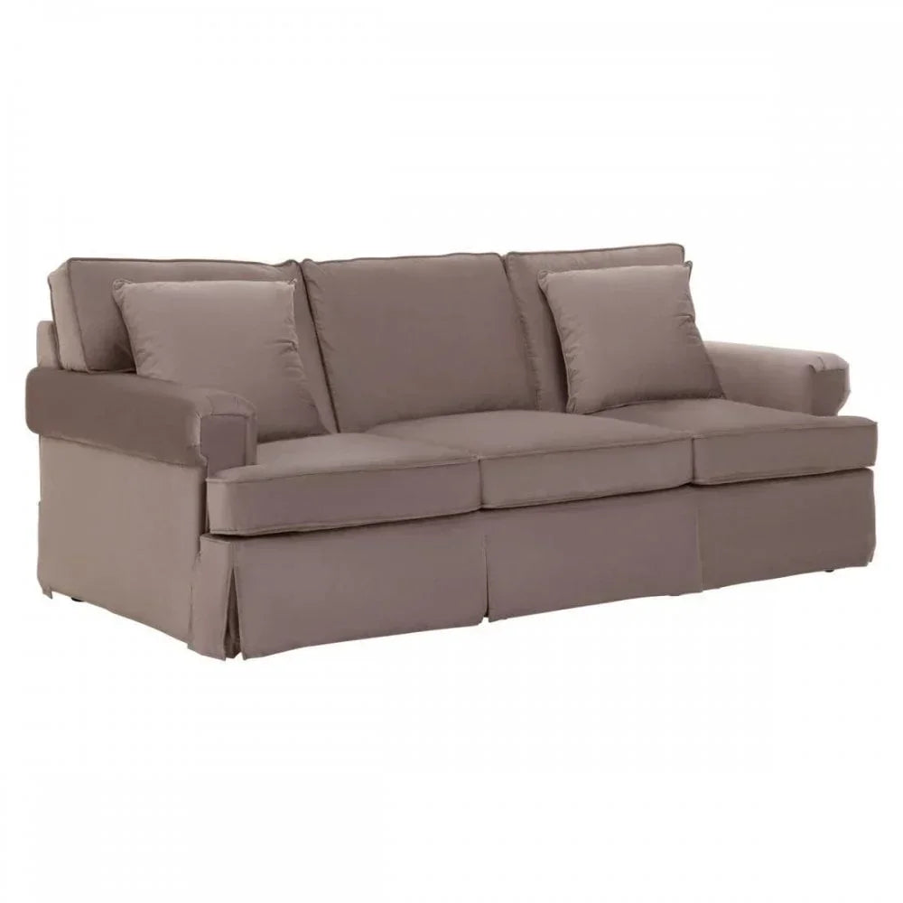 Three seater fabric sofa in taupe with square arms and loose back cushions