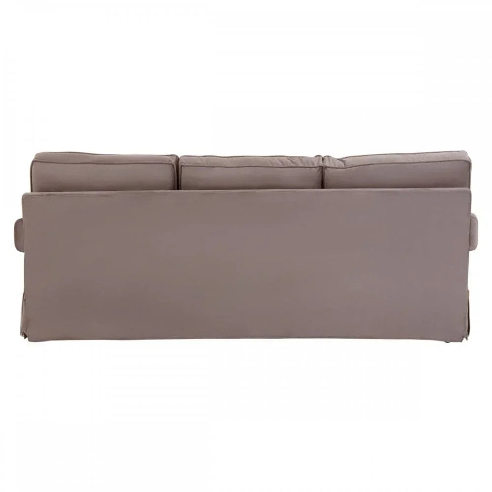 Rear view of taupe fabric sofa with three back cushions
