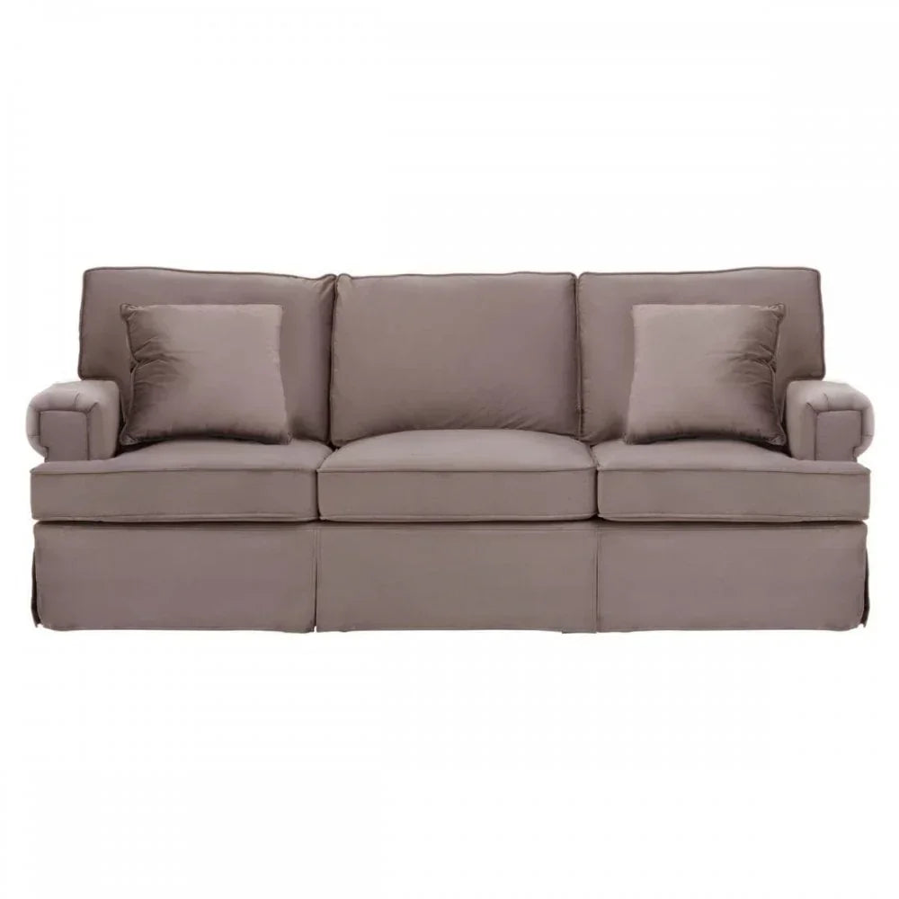 Three-seater fabric sofa in taupe with plush cushions and straight armrests, front view