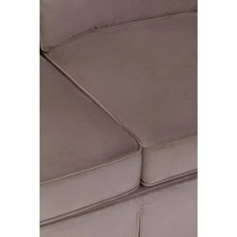 Close-up of taupe fabric sofa seat cushions with visible seams