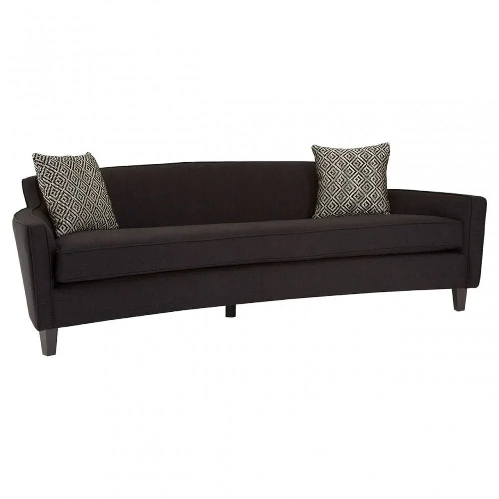 Dark fabric sofa with angled arms and two patterned scatter cushions, front view