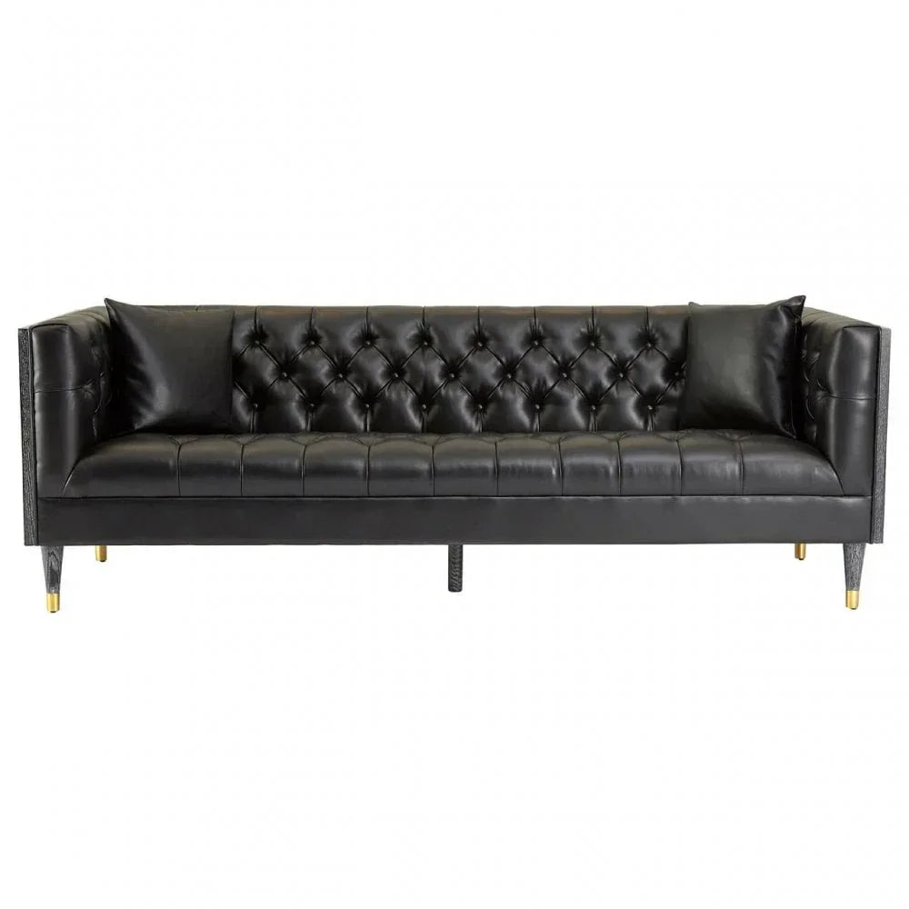 Black leather sofa with tufted backrest and gold-tipped legs, front view