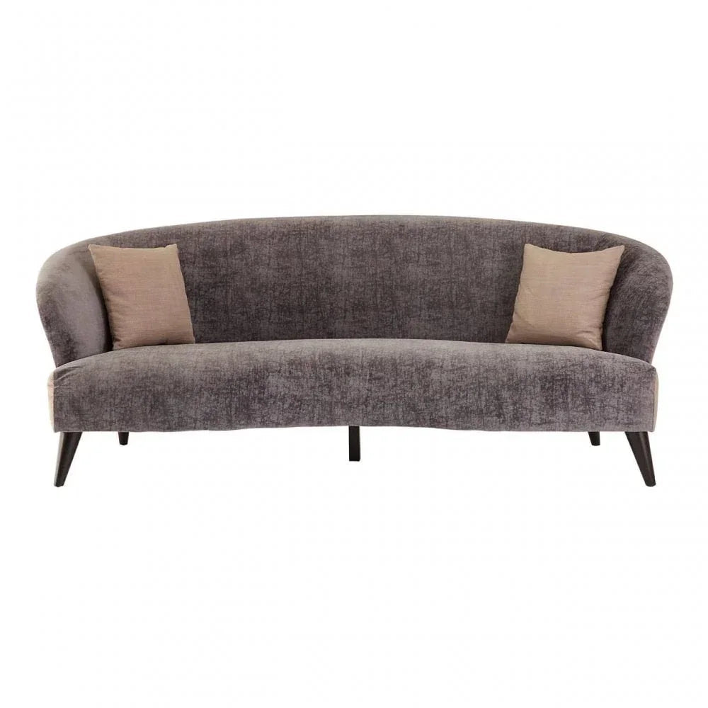 Grey fabric sofa with curved backrest and two beige cushions, front view