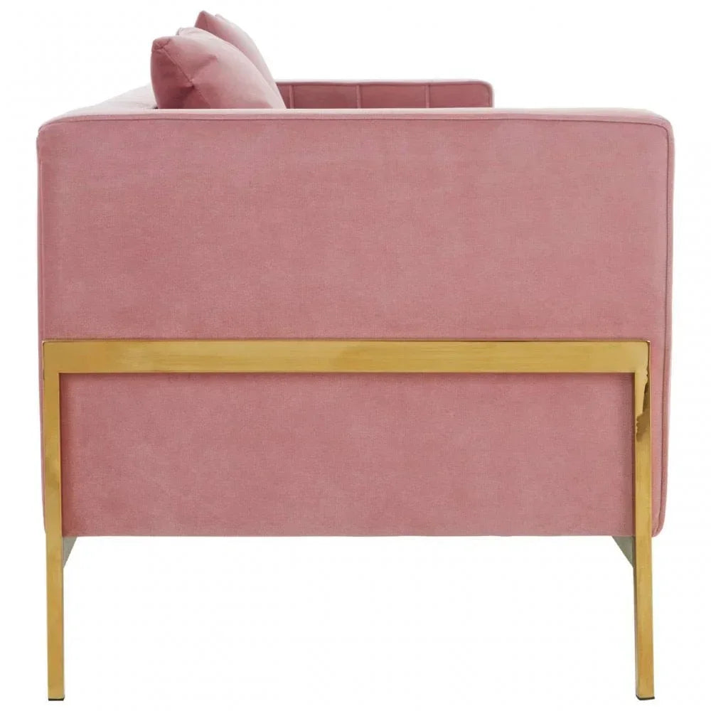 Side view of pink velvet sofa with gold metal frame and matching cushions