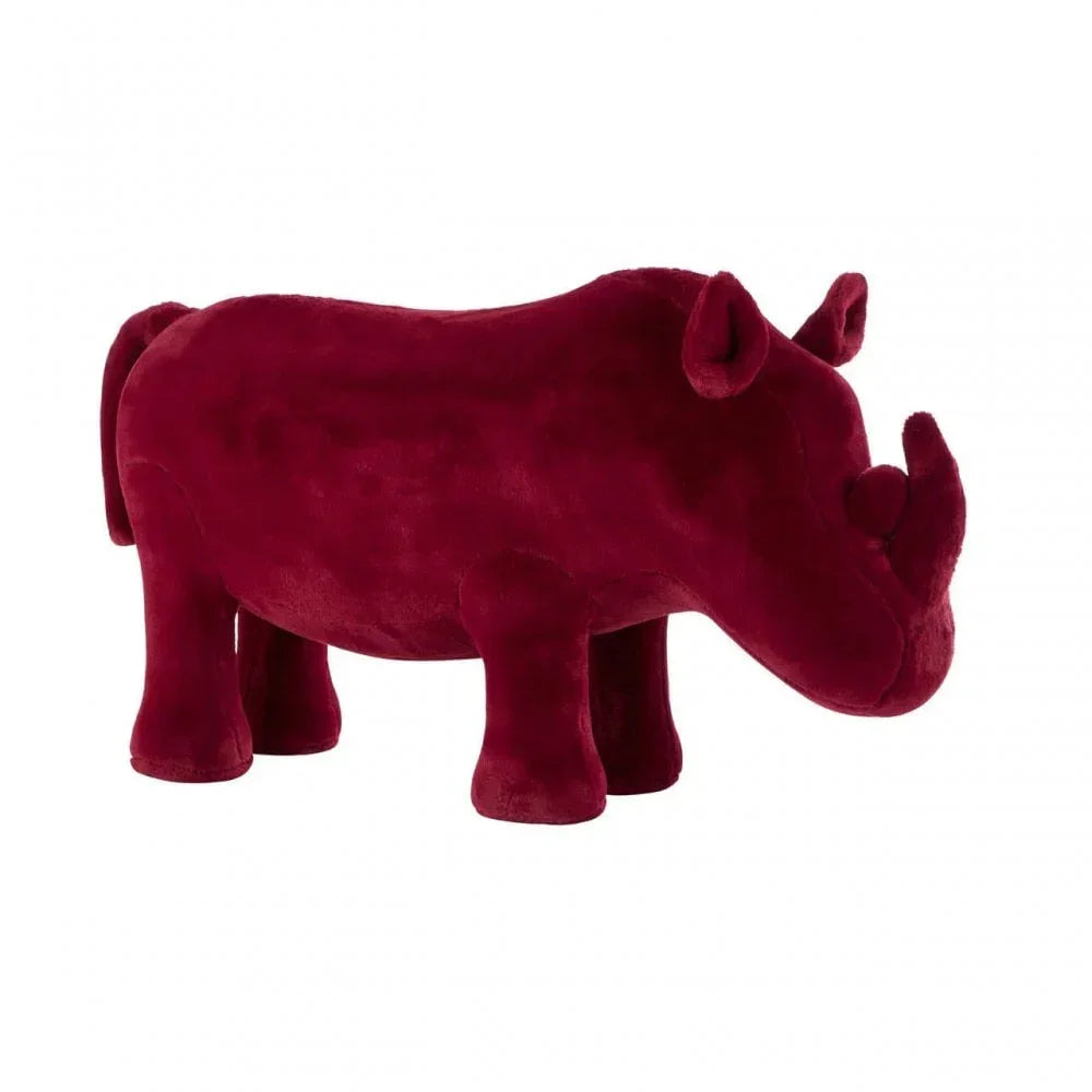 Burgundy velvet rhino footstool with plush texture and animal-shaped design