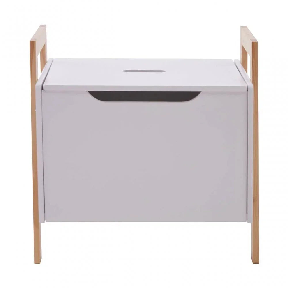 White wooden storage box with natural wood side handles, front view