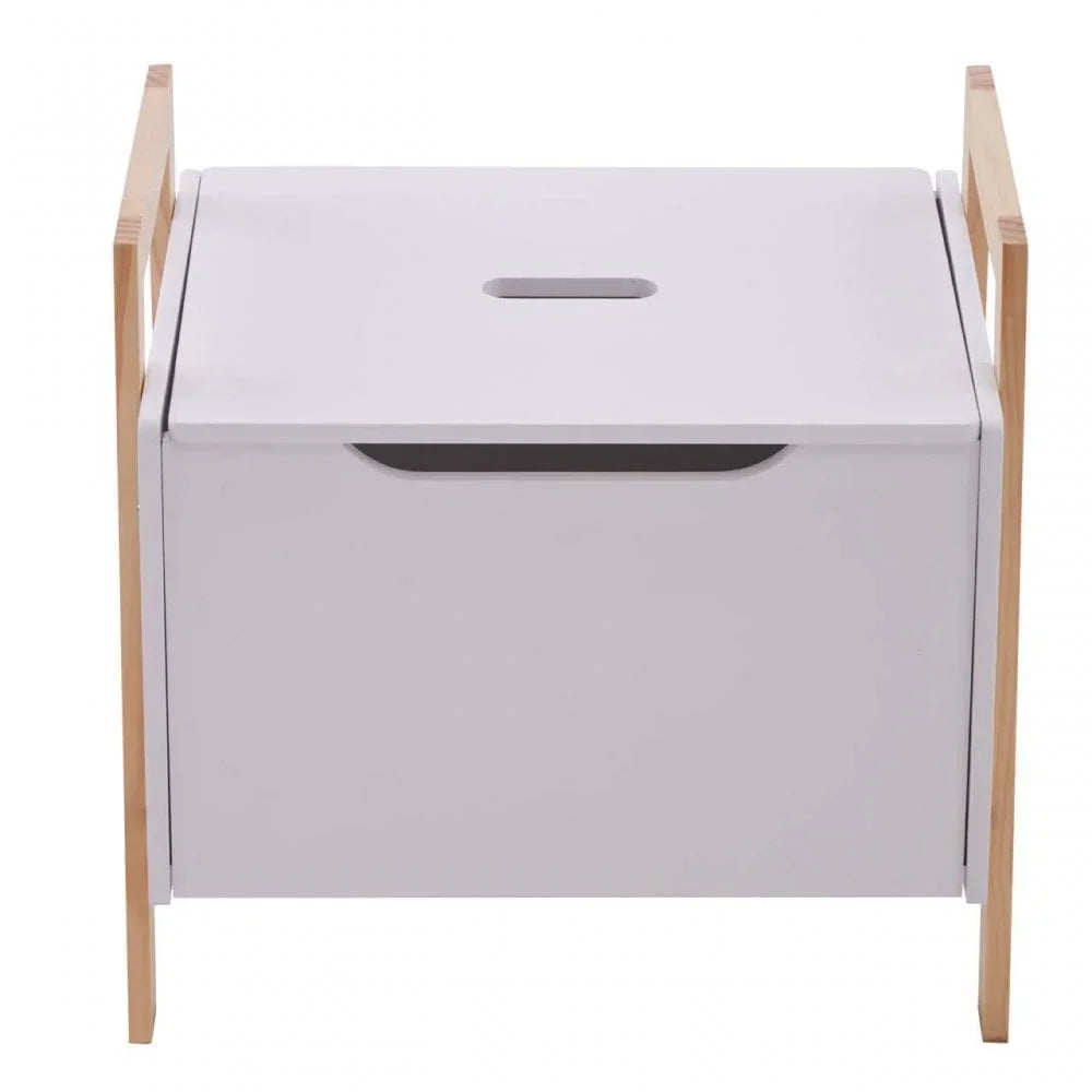 White wooden storage bench with light oak side handles, front view