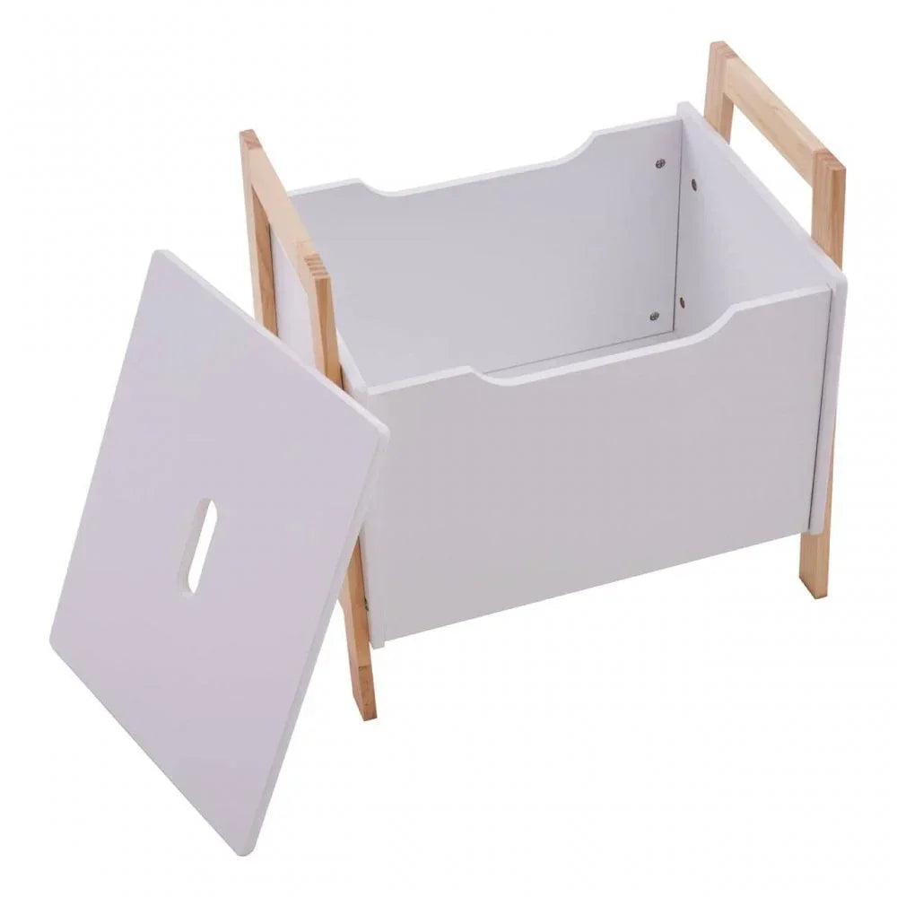 White wooden storage box with removable lid and natural wood legs
