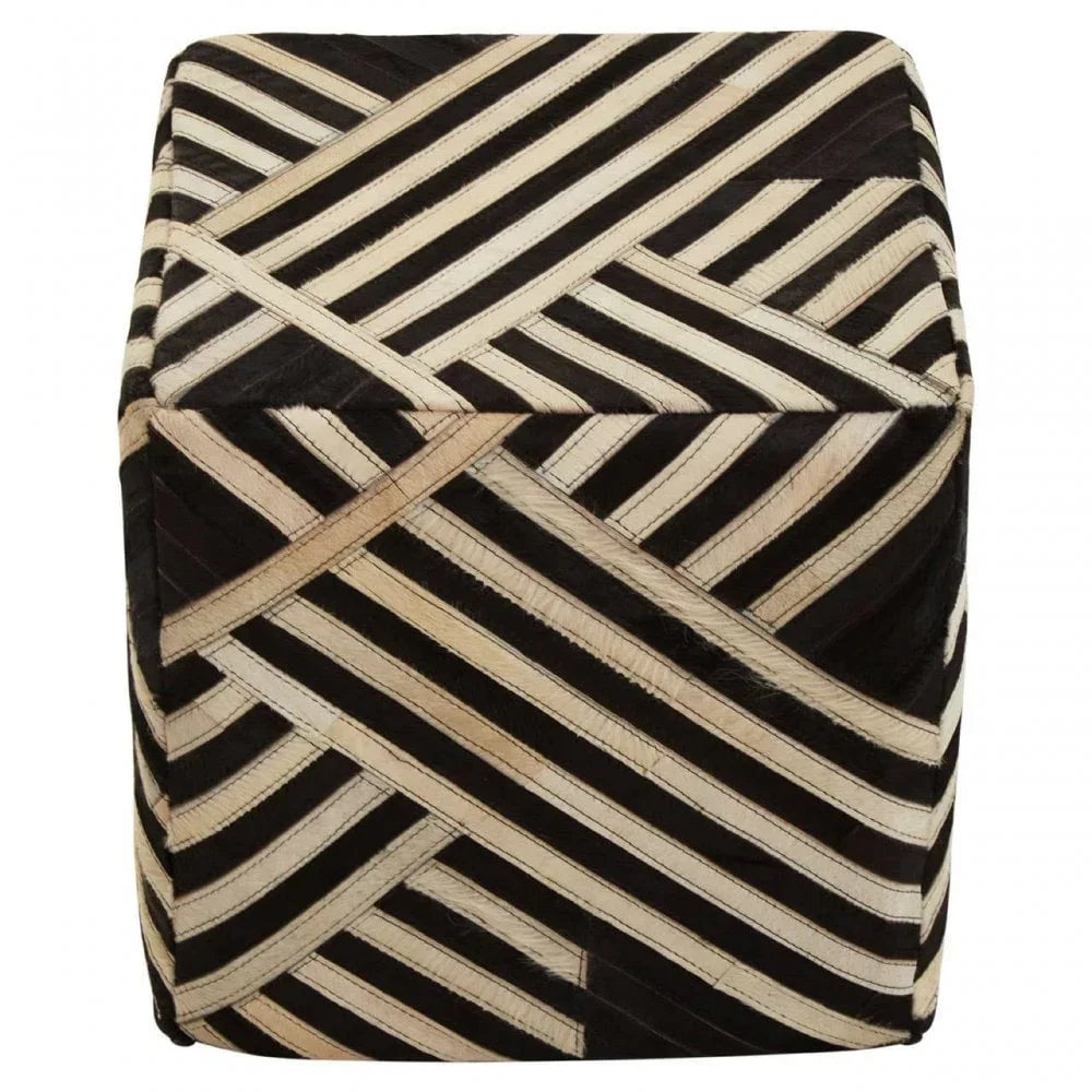 Black and white patterned ottoman pouffe with geometric stripe design front view