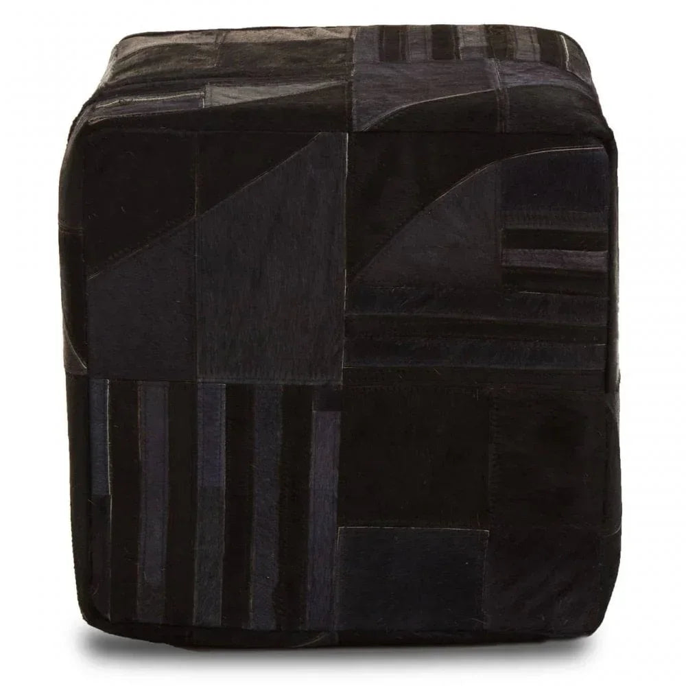 Black patchwork leather pouffe cube with geometric stitched pattern, front facing view
