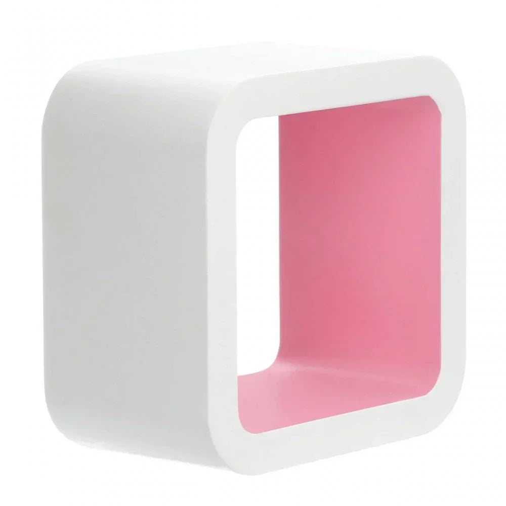 White and pink cube wall shelf with rounded edges, modern floating storage unit