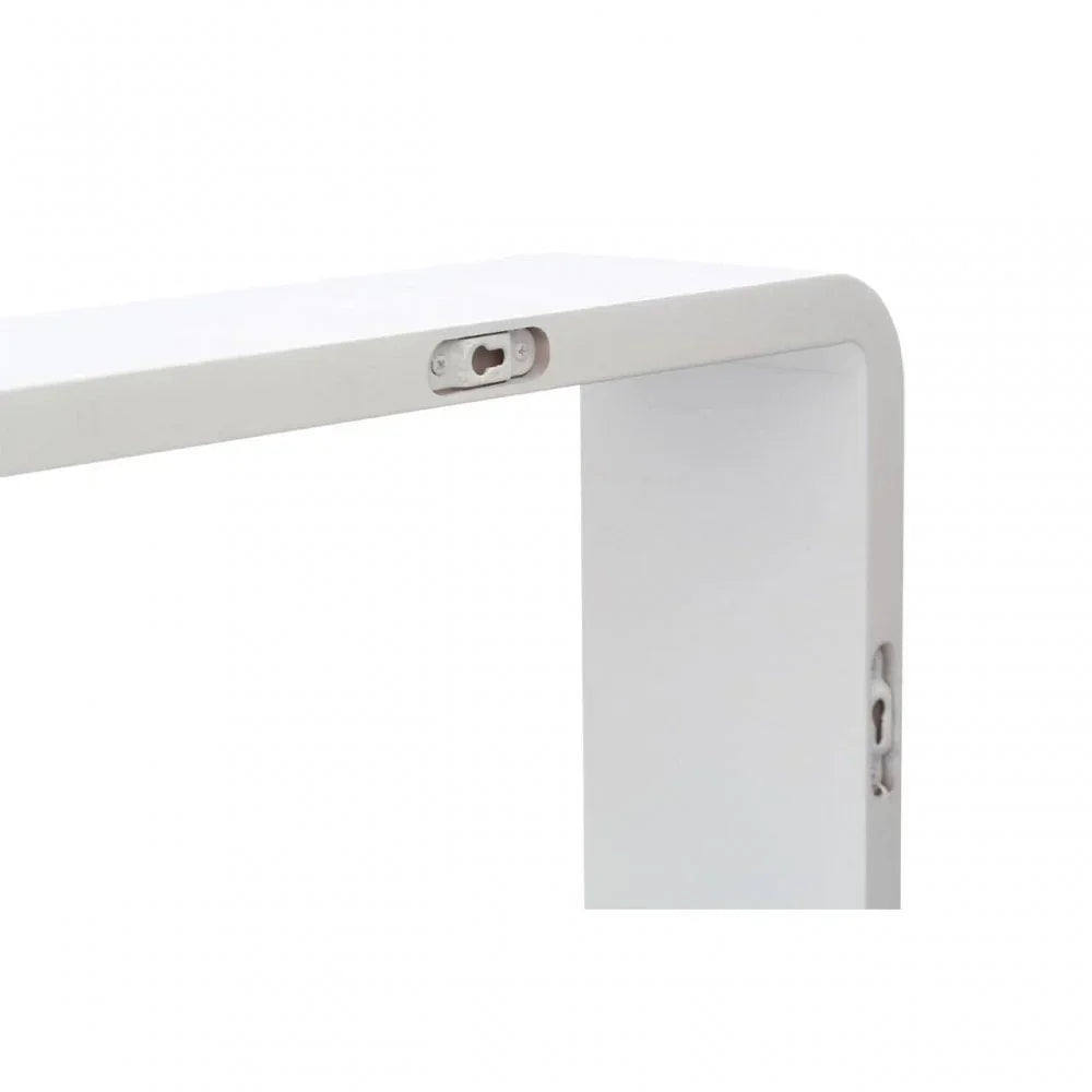 Close-up of white wall shelf corner with pre-drilled mounting holes