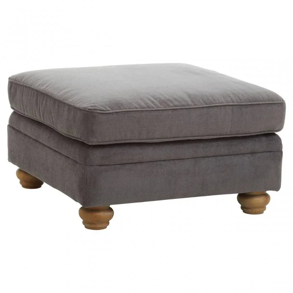 Grey fabric ottoman footstool with cushion top and wooden legs