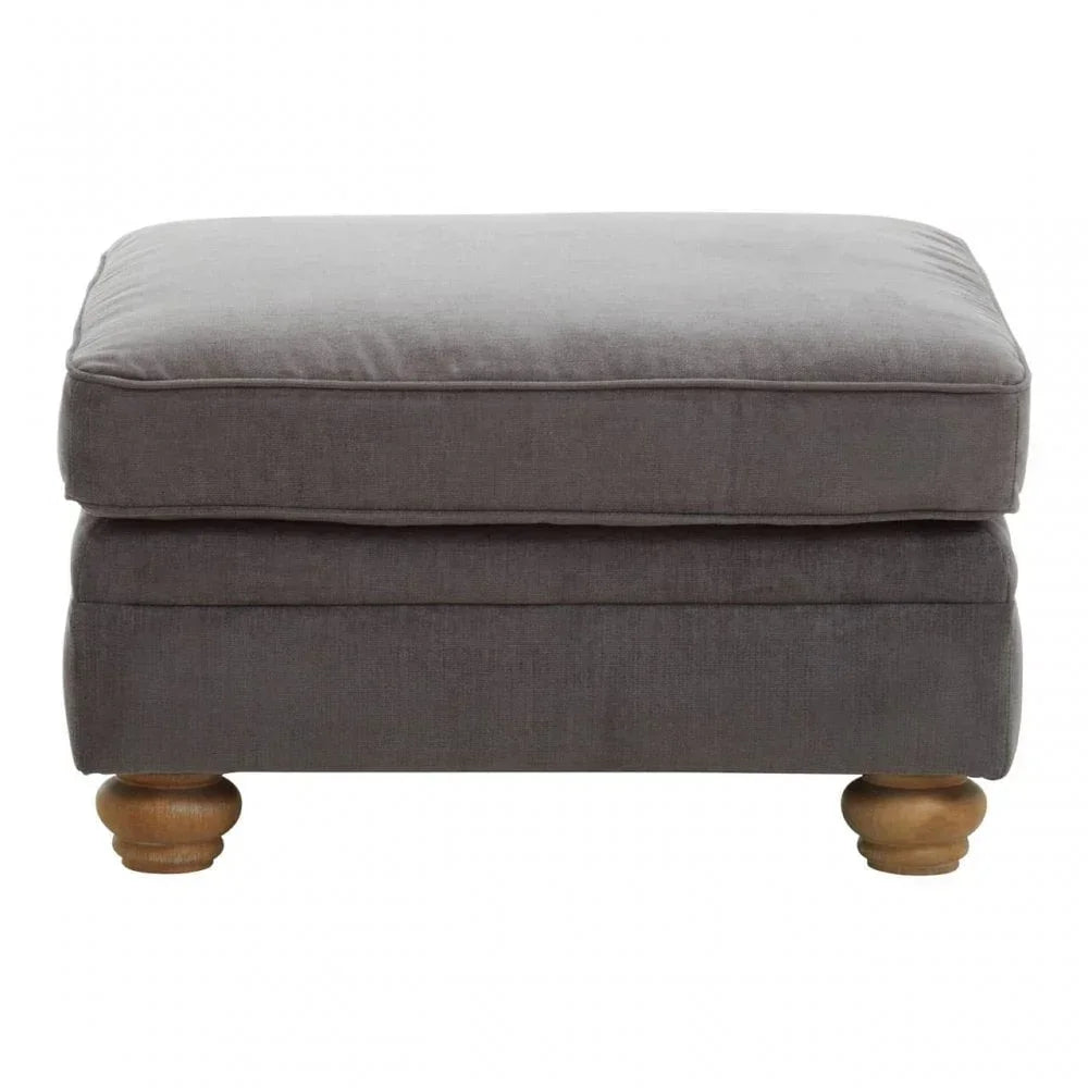 Grey fabric ottoman with padded top and wooden legs, front view