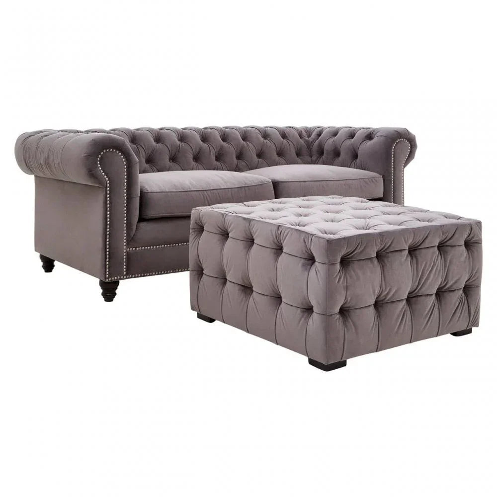 Helia Grey Velvet Button Tufted Footstool
