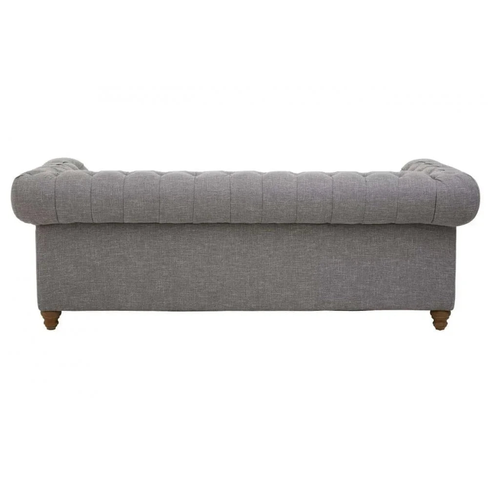Back view of grey fabric chesterfield sofa with rolled arms and wooden legs