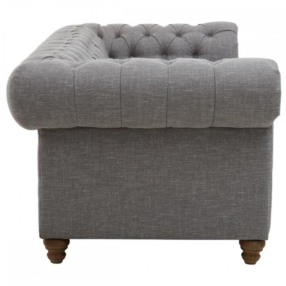 Side view of grey fabric Chesterfield sofa with button tufted back and wooden legs