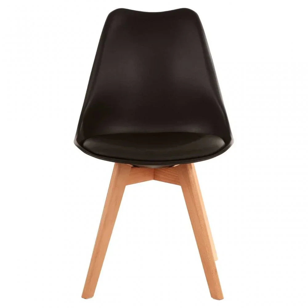 Black dining chair with curved seat and light wooden legs, front view