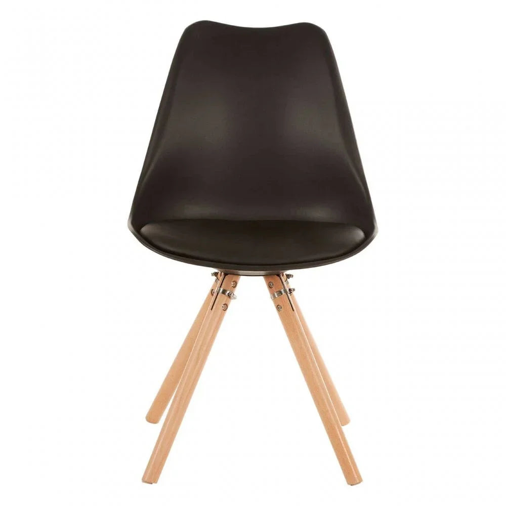 Black dining chair with curved seat and light wood legs, front view