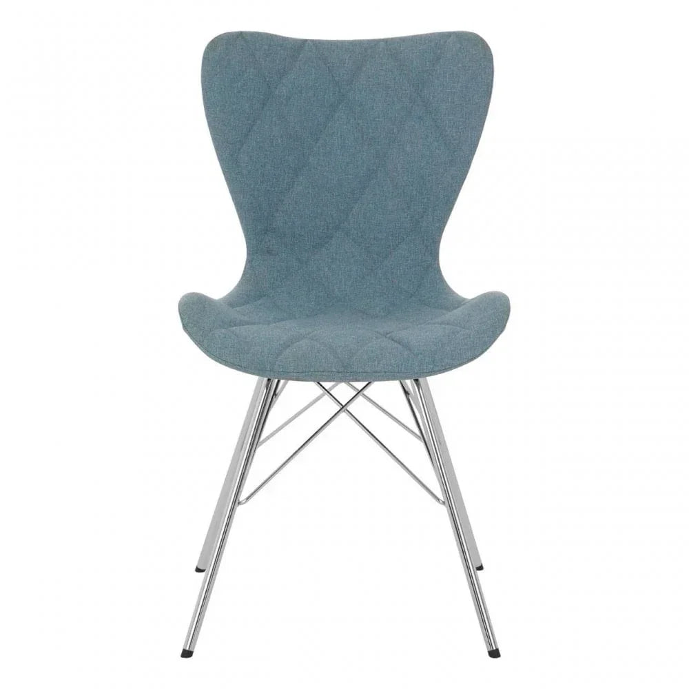 Blue fabric dining chair with chrome legs and diamond-stitched seat, front view