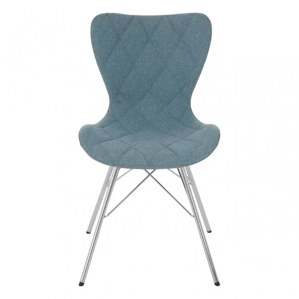 Modern dining chair with blue quilted fabric seat and chrome metal legs, front view