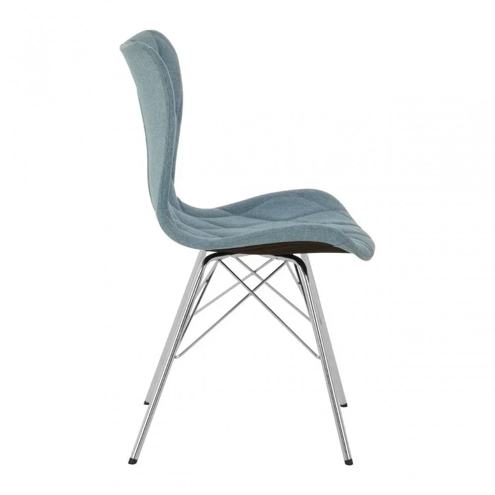 Grey fabric dining chair with quilted seat and chrome metal legs, side view