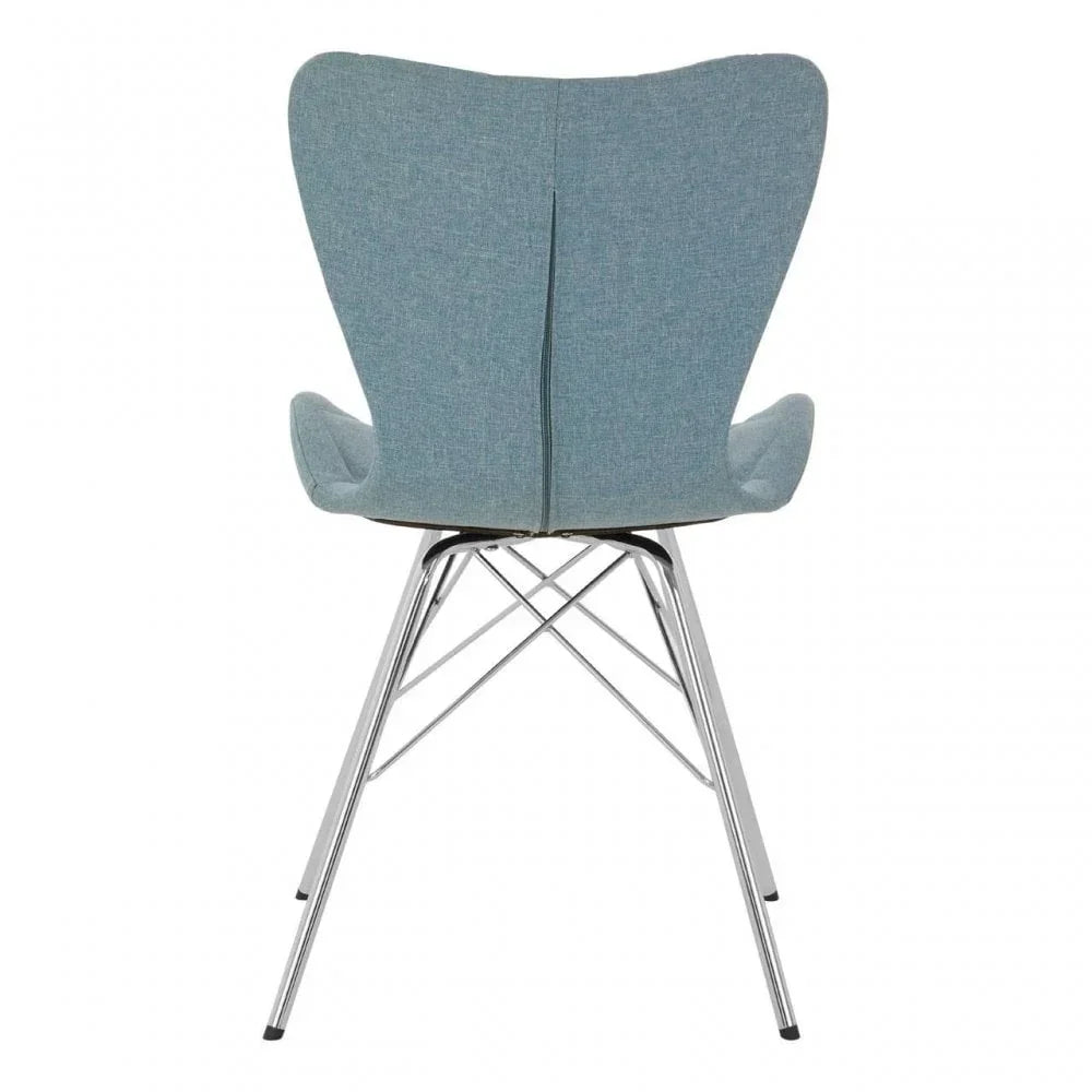 Modern dining chair with blue fabric and chrome metal legs, rear view