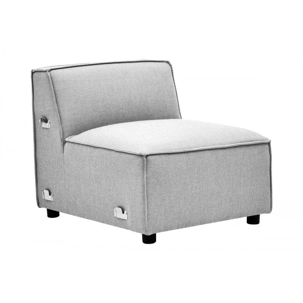 Light grey armless sofa chair with chrome side handles and black legs on white background